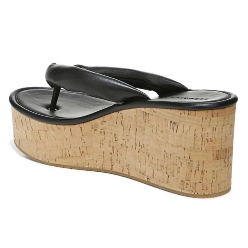 Veronica Beard Black Geno Cork Wedge Platform Thong Sandals Leather size 9 - Picture 2 of 13